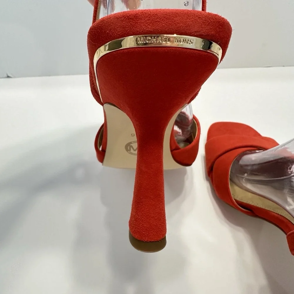 Michael Kors Cara Sandal Heels Suede Leather‎ Bright Red Women's Sz 9.5M Strappy
